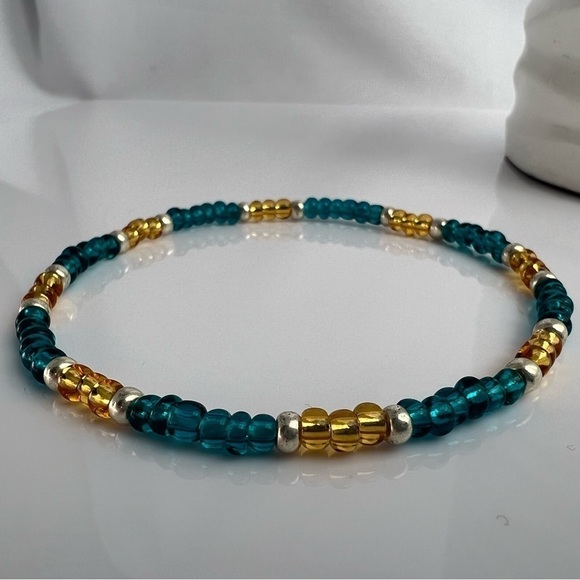 STRETCH Beaded Anklet with Blue and Gold Glass Beads - Picture 8 of 13